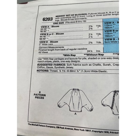 70s McCalls 6203 Misses Blouse Sewing Pattern One Size Fits 8-16 Pullover UNCUT - Picture 4 of 6